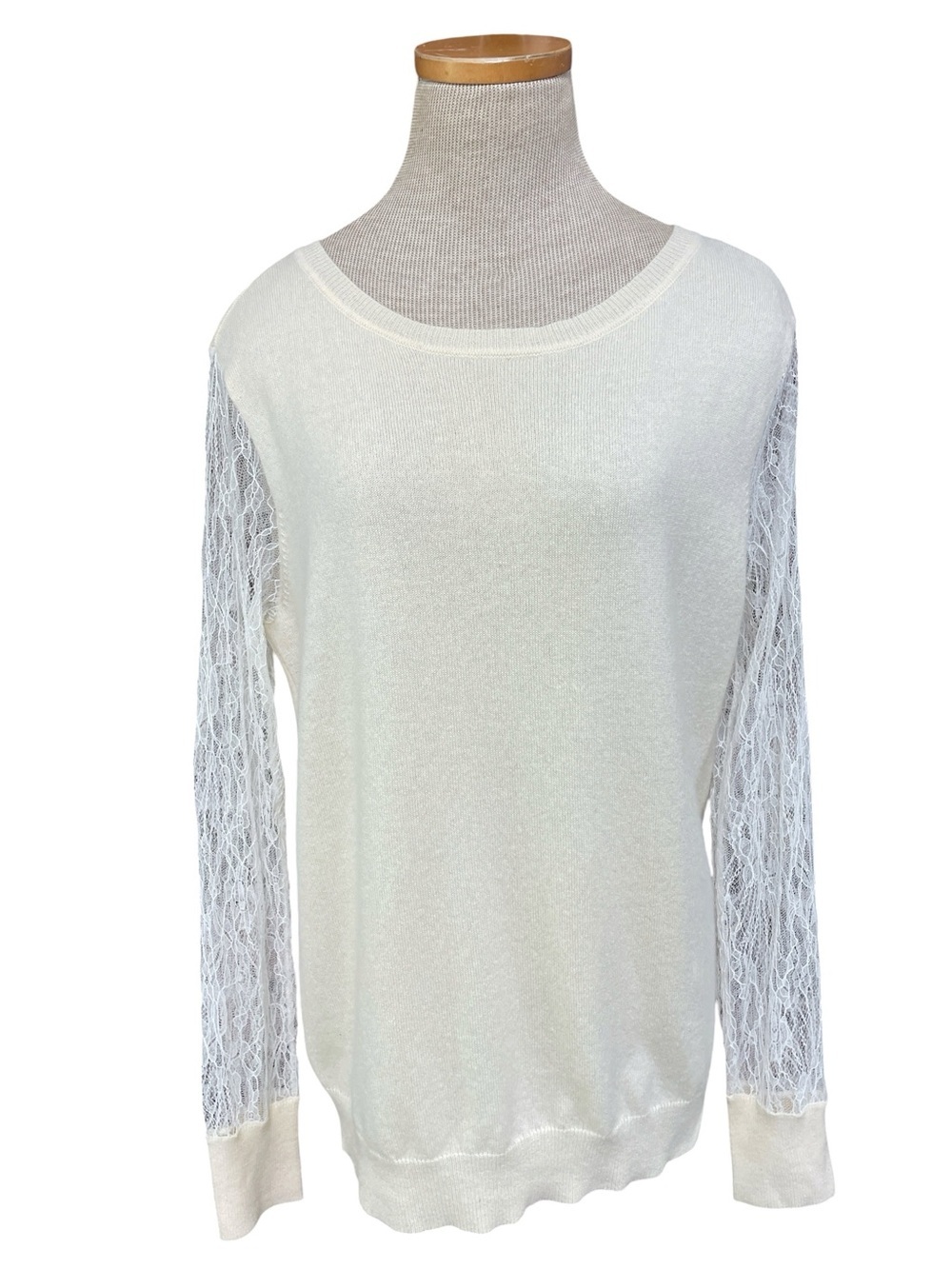 Magaschoni Light Yellow Cream Cashmere Sweater Lace Sleeves Size Large